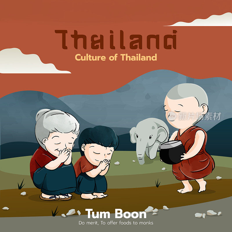 Tum boon制作的价值文化泰国可爱的卡通夫妇孩子和和尚与大象字符矢量插图